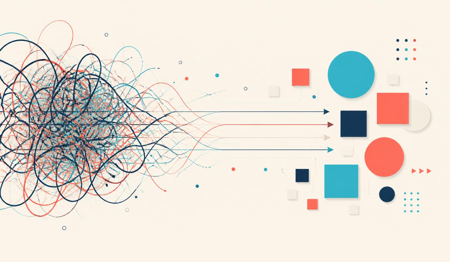 Enchevêtrement de lignes qui devient des formes géométriques claires, la complexité rendue simple par le motion design.