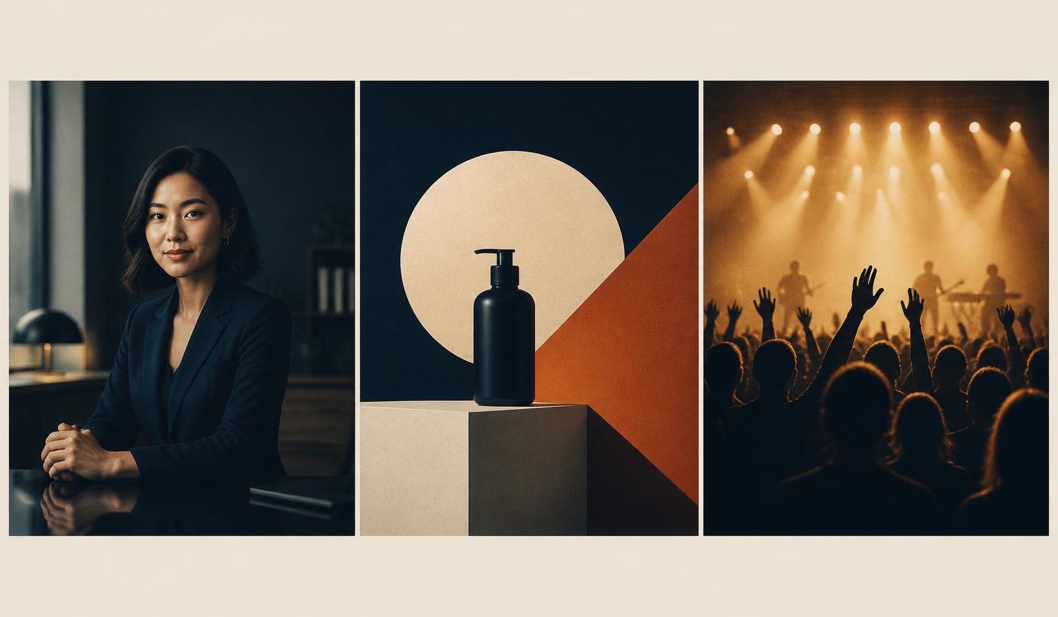 Triptyque éditorial : portrait corporate, still publicitaire et scène de concert, trois formats vidéo comparés.