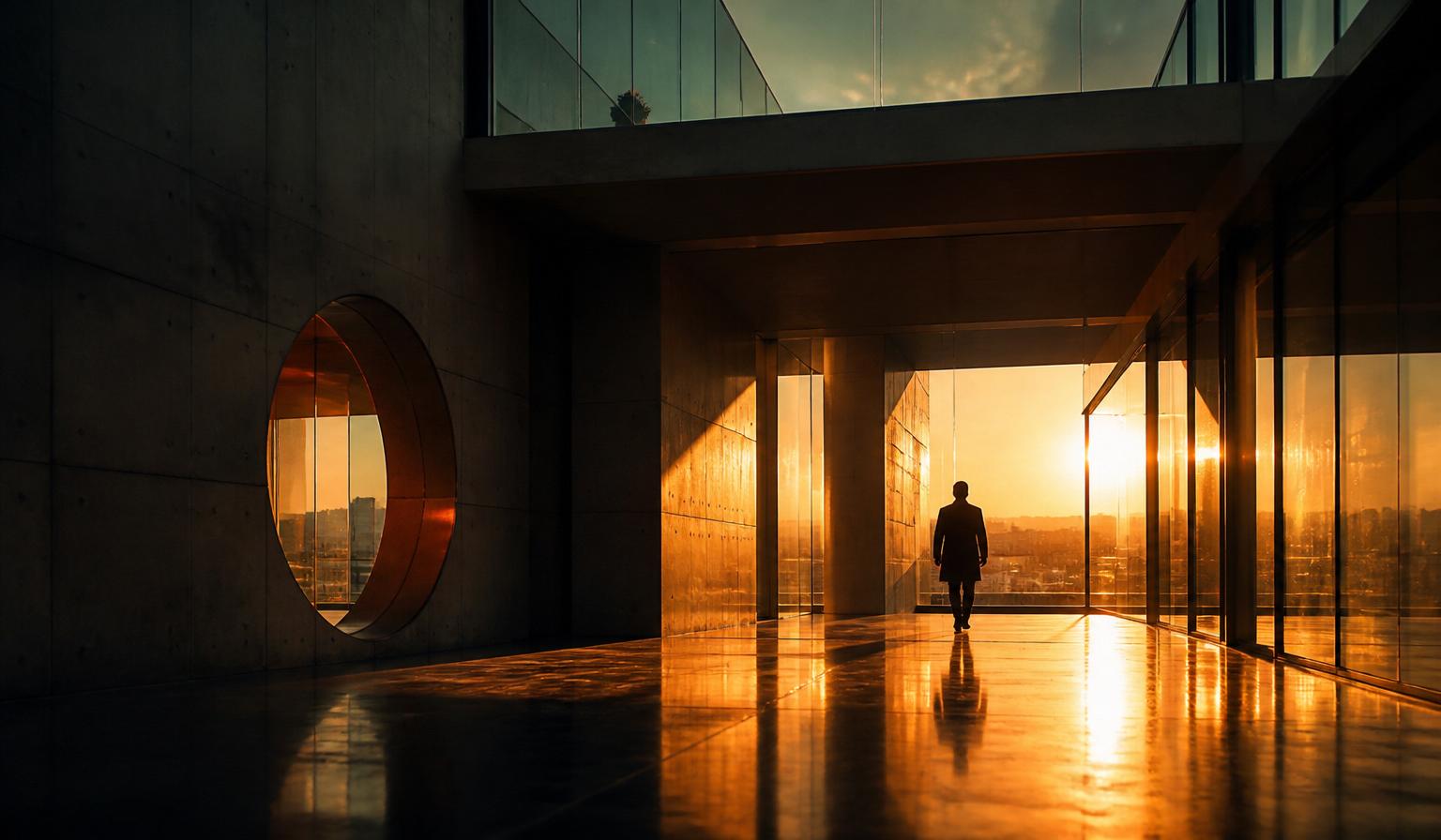 Intérieur d'architecture contemporaine baigné de lumière chaude — un film corporate à la frontière du film d'art.