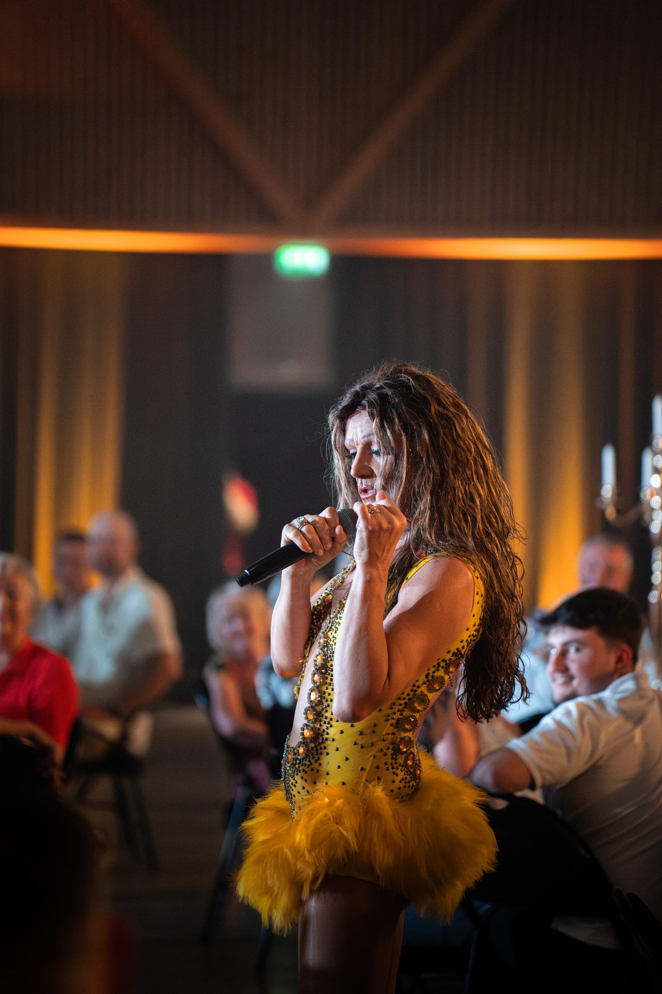Portrait d'une artiste sur scène pendant le spectacle cabaret Super U Pipriac — photo Benjamin VF Photographie