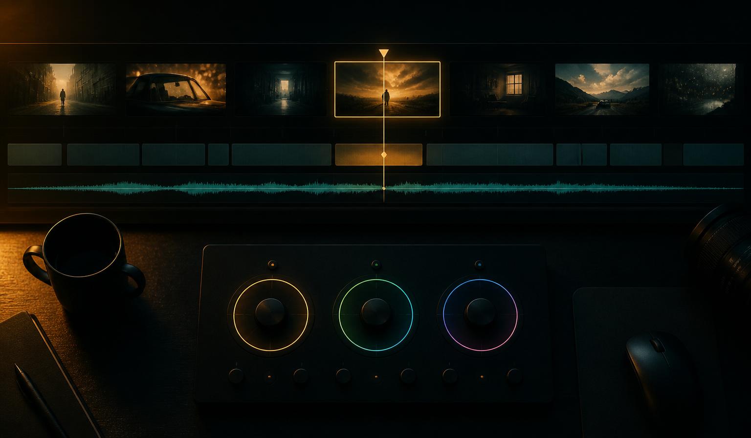 Timeline de montage vidéo avec waveform audio et roues d'étalonnage, l'atelier d'un monteur.