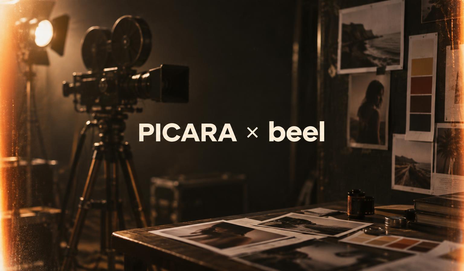 Carton de cinéma « PICARA × beel » : caméra sur trépied, planches photo et nuanciers dans une lumière ambrée