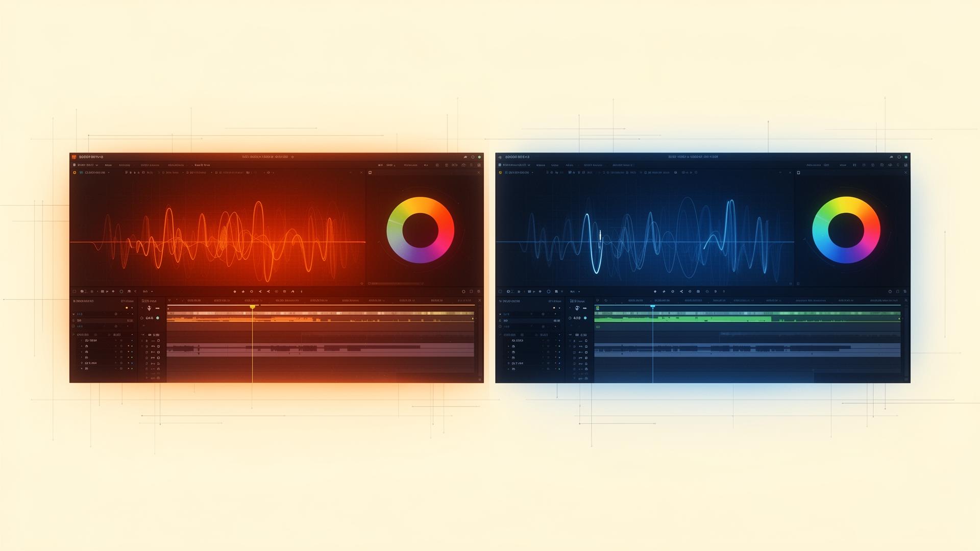 Illustration éditoriale comparant deux interfaces de logiciels de montage vidéo professionnels.
